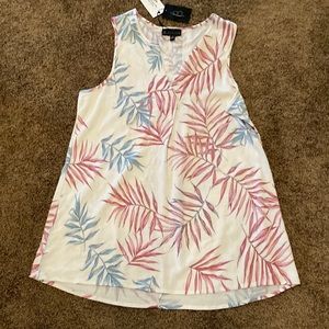 BOBEAU TANK TOP  SIZE SMALL. PALM TREES LEAVES IN BLUE AND RED. TOP IS CREAM